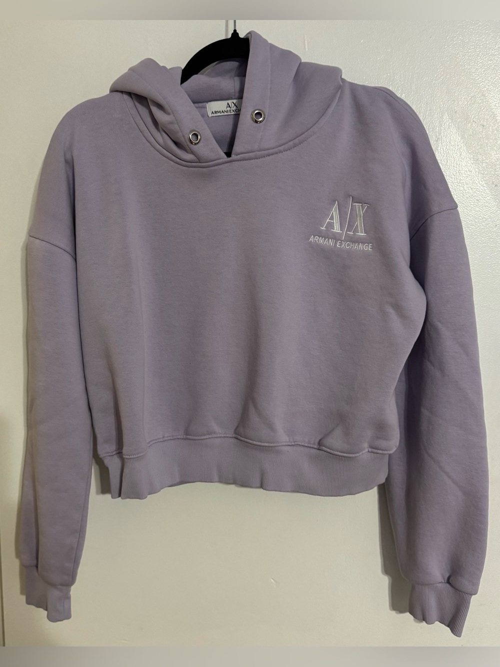 Armani Exchange Soft Lavender Cropped Hoodie with A|X Logo in size XL
